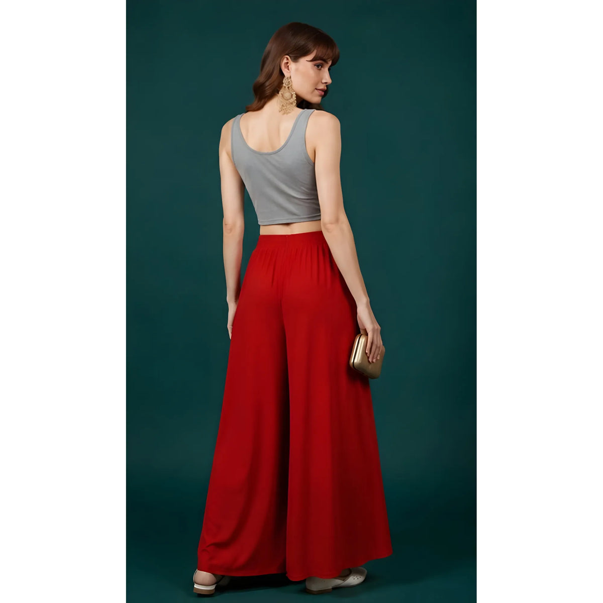 Women's Georgette Solid Mid-Rise Wide Leg Flared Palazzo with Elastic Waist (Red)