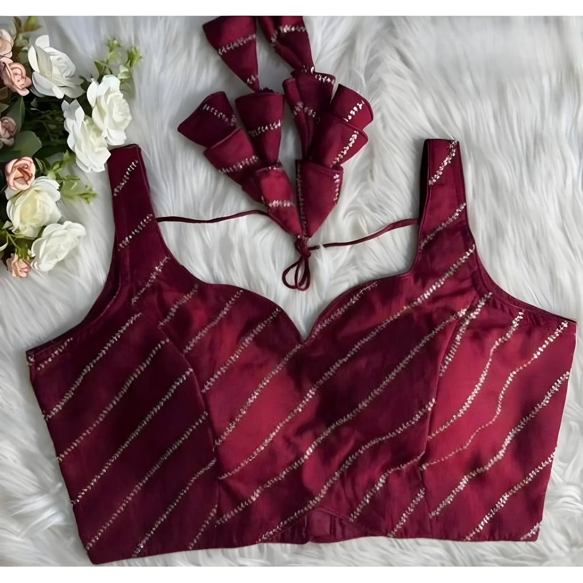 Women's Silk Embellished Sweetheart Neck Sleeveless Readymade Padded Blouse (Maroon, Size 38)