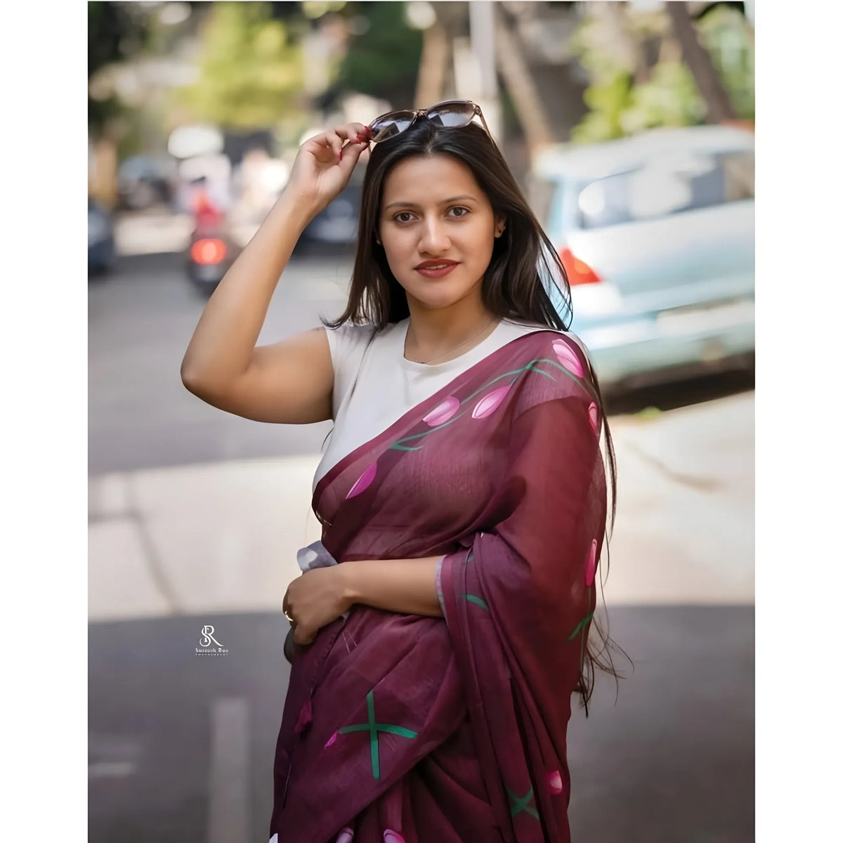 Women's Linen Printed Saree With Unstitched Blouse 5.5Mtr (Brown)