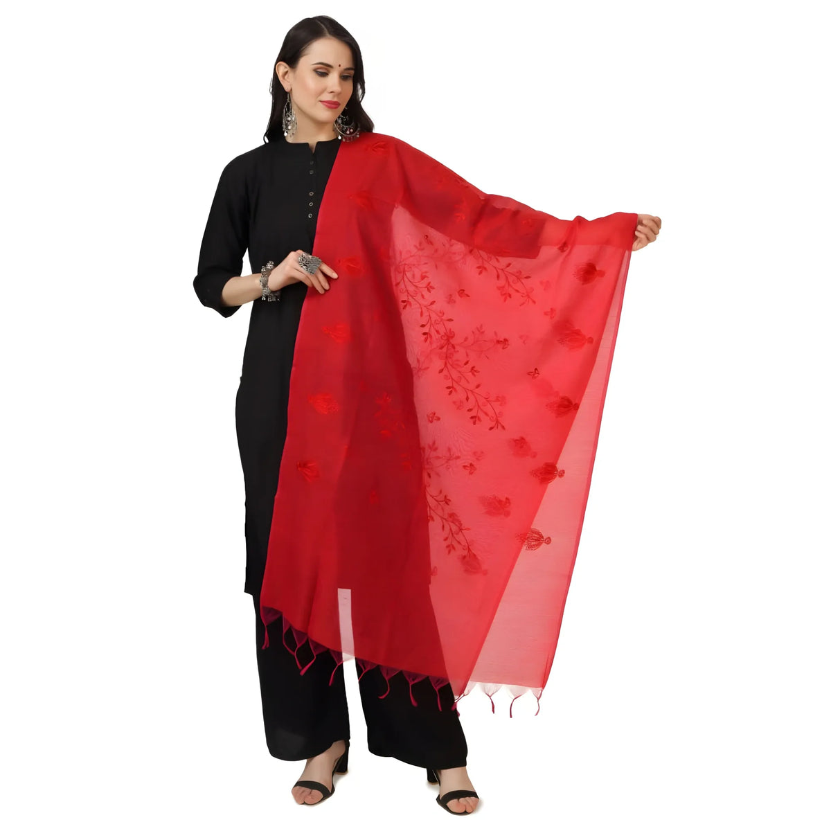 Women's Cotton Embroidered Dupatta (Red, Length: 2.25 to 2.50 Mtr)