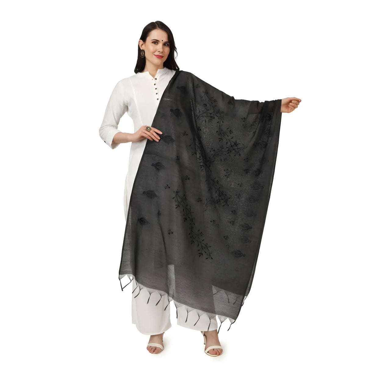 Women's Cotton Embroidered Dupatta (Black, Length: 2.25 to 2.50 Mtr)