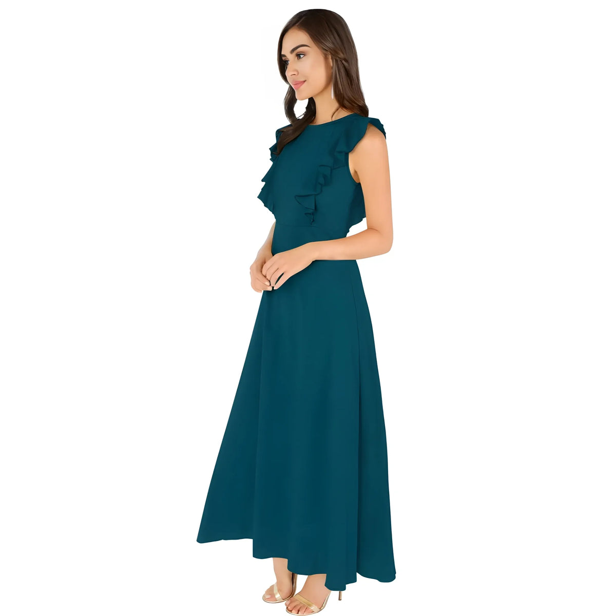 Women's Knitting stretchable Solid Round Neck Ruffled Sleeve Dress (Morpich)