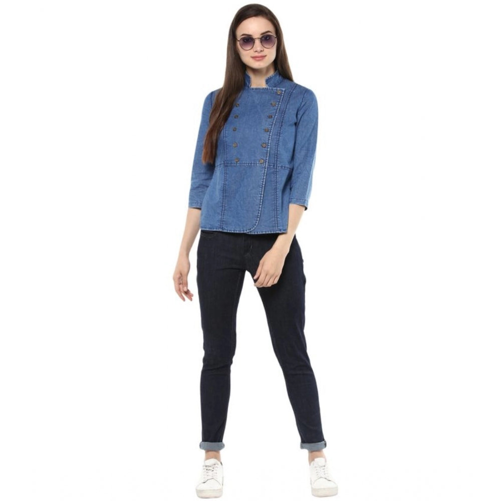 Women's Denim Solid 3 4th Sleeves Regular Top (blue) | Women Signature Collection