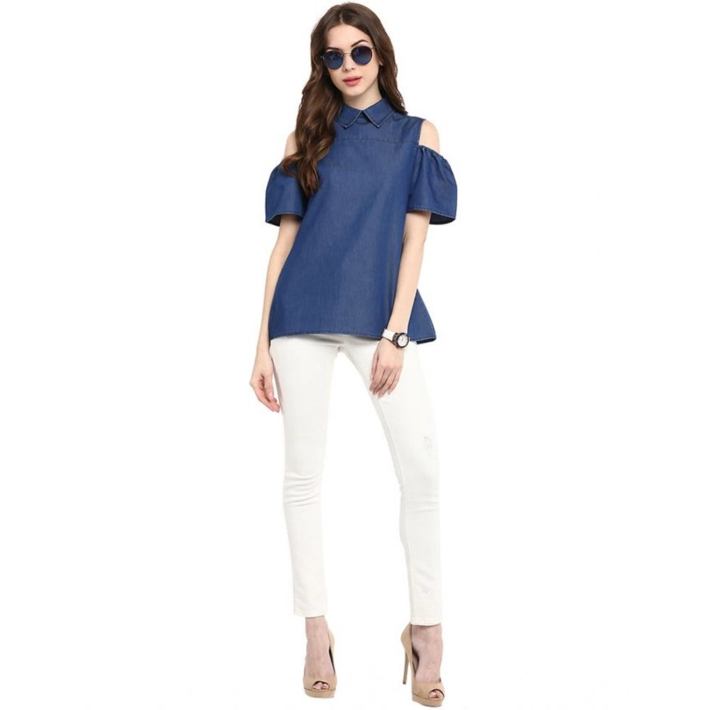 Women's Denim Solid Cold Shoulder Regular Top (blue) | Women Signature Collection