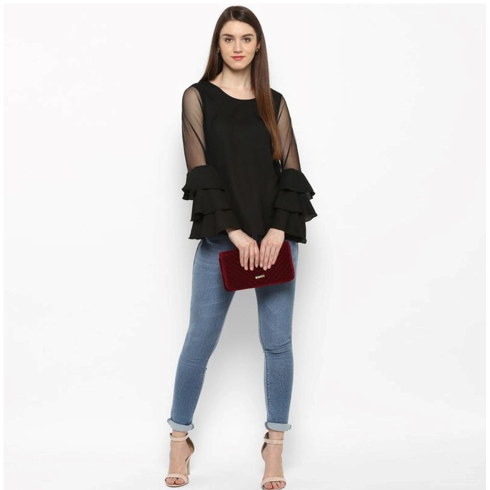 Women's Polyester Solid Tier Sleeve Top (black) | Women Signature Collection