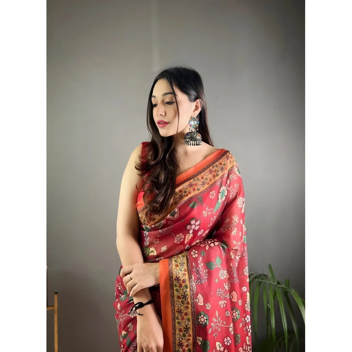 Women's Linen Printed Saree With Unstitched Blouse 5.5Mtr (Red)
