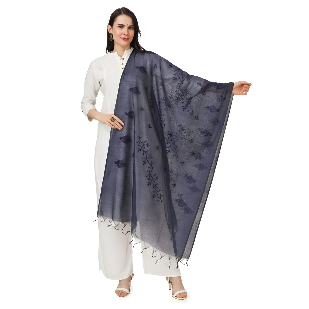 Women's Cotton Embroidered Dupatta (Dark Blue, Length: 2.25 to 2.50 Mtr)