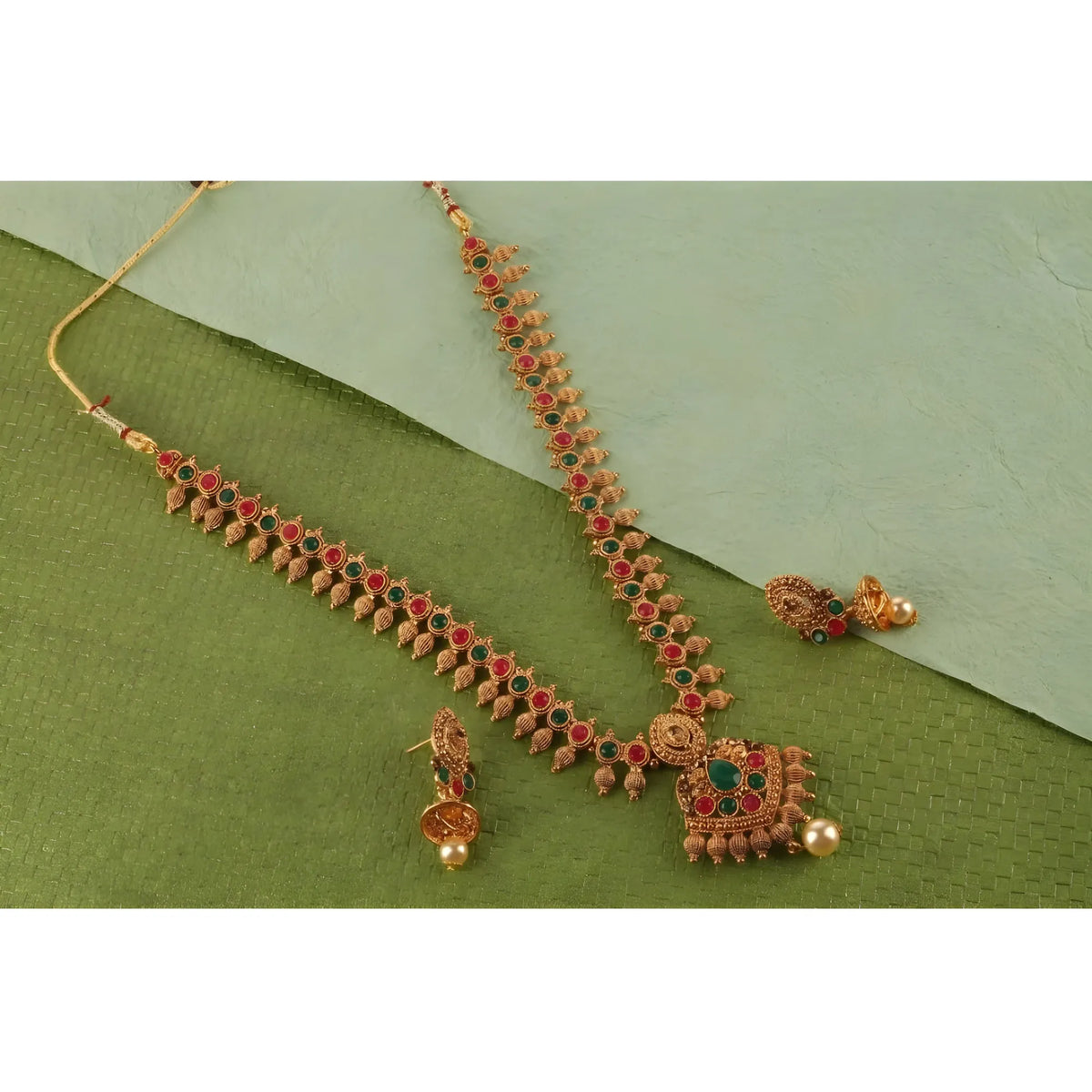 Women's Rose Gold Plated Alloy Necklace & Earings Set (Green & Red)