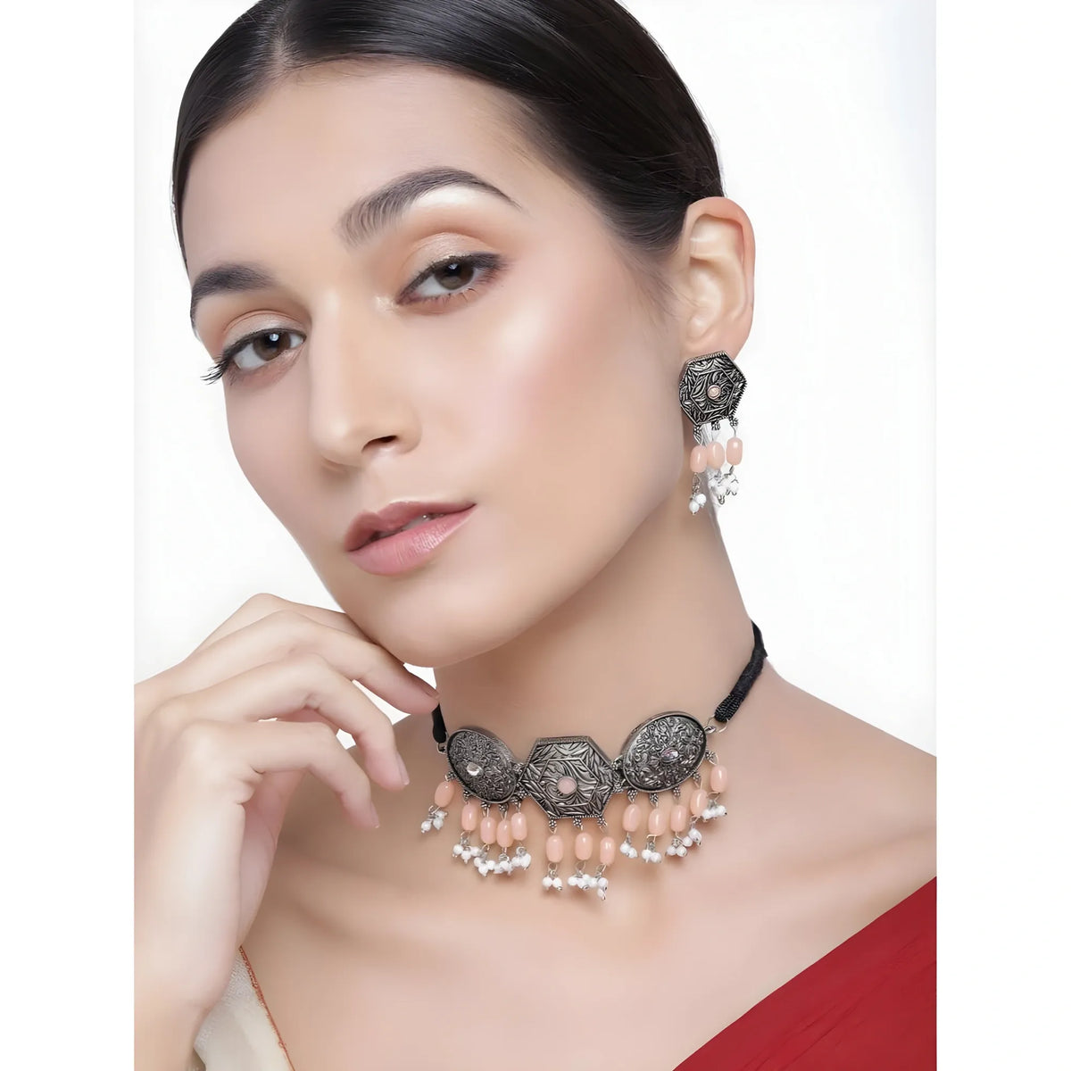 Women's Rose Gold Plated Alloy Necklace & Earings Set (Orange)