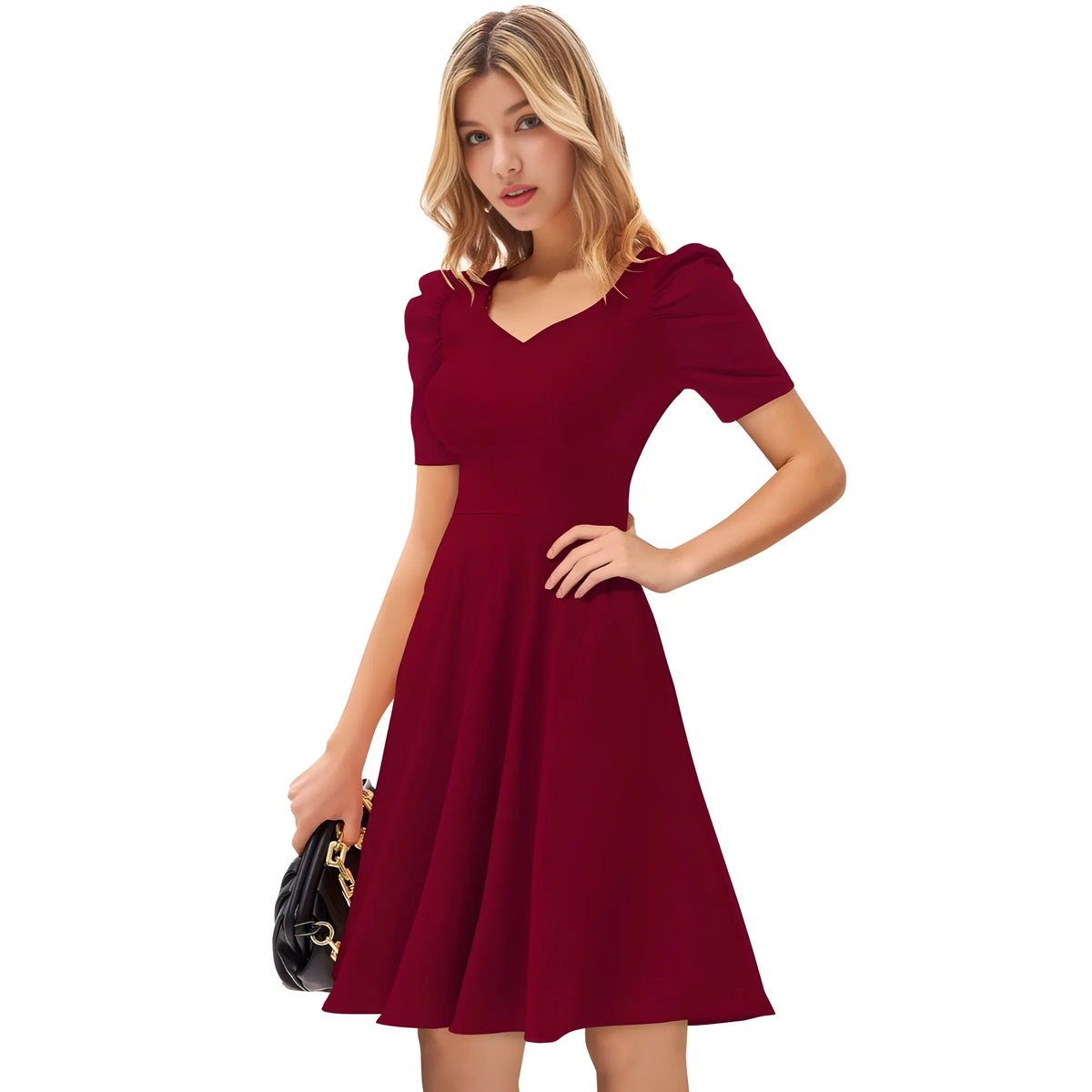 Women's Knitting stretchable Solid V Neck Cap Sleeve Dress (Maroon)