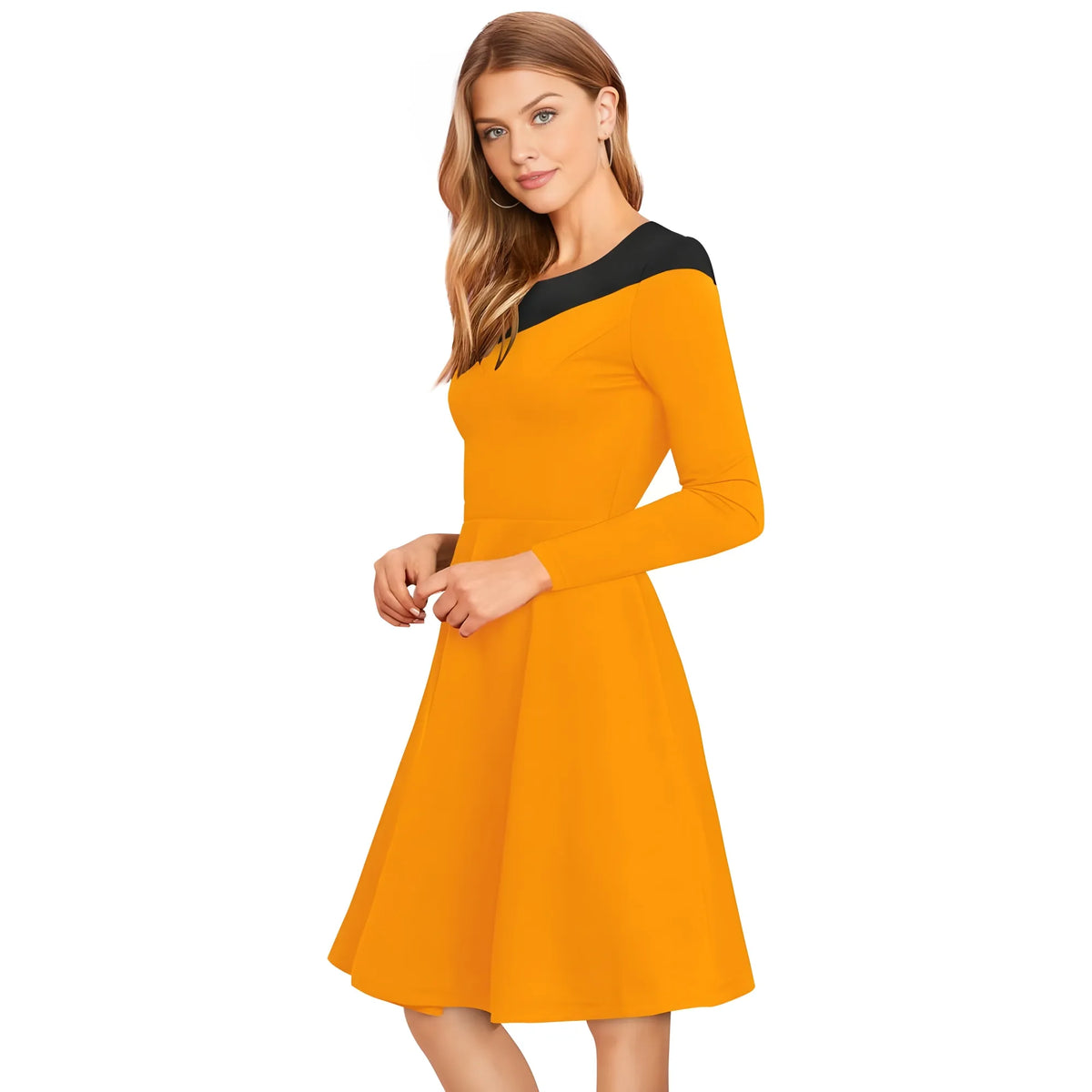 Women's Knitting stretchable Solid Round Neck Full Sleeve Dress (Yellow)