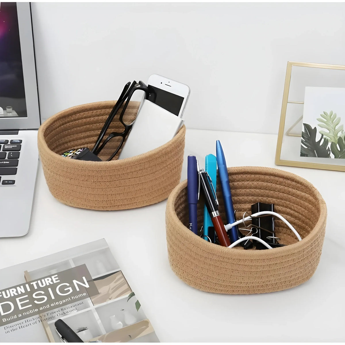 Cotton 8x3 Inch Round 2 Set Bedside Organizer With Out Lid (Beige)