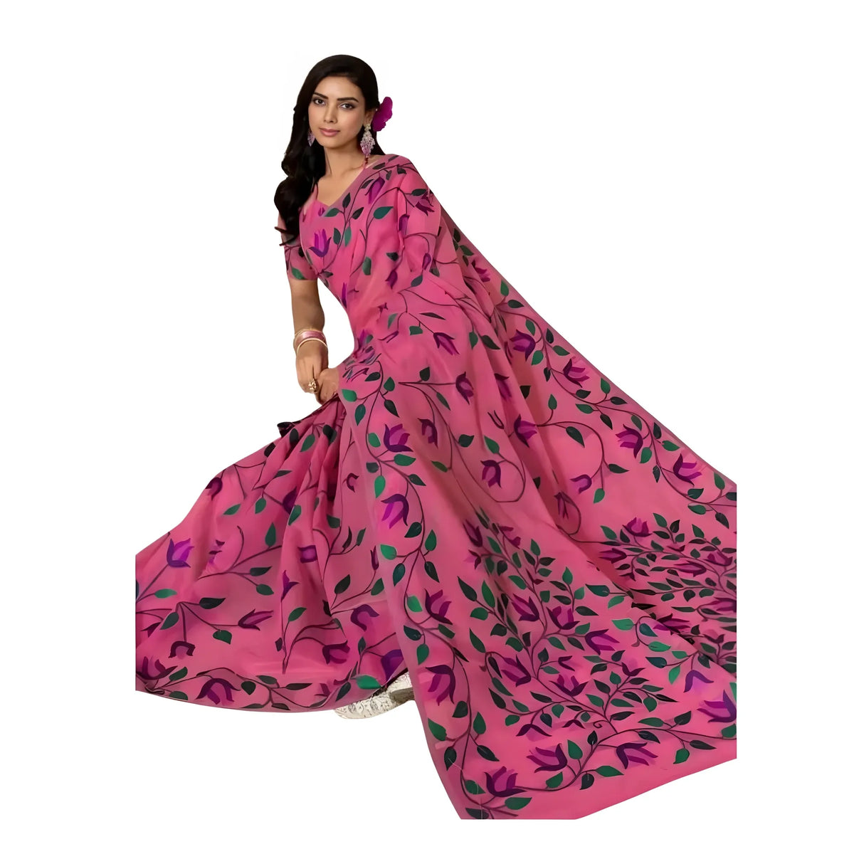 Women's Georgette Printed Saree With Unstitched Blouse 5.5Mtr (Pink)