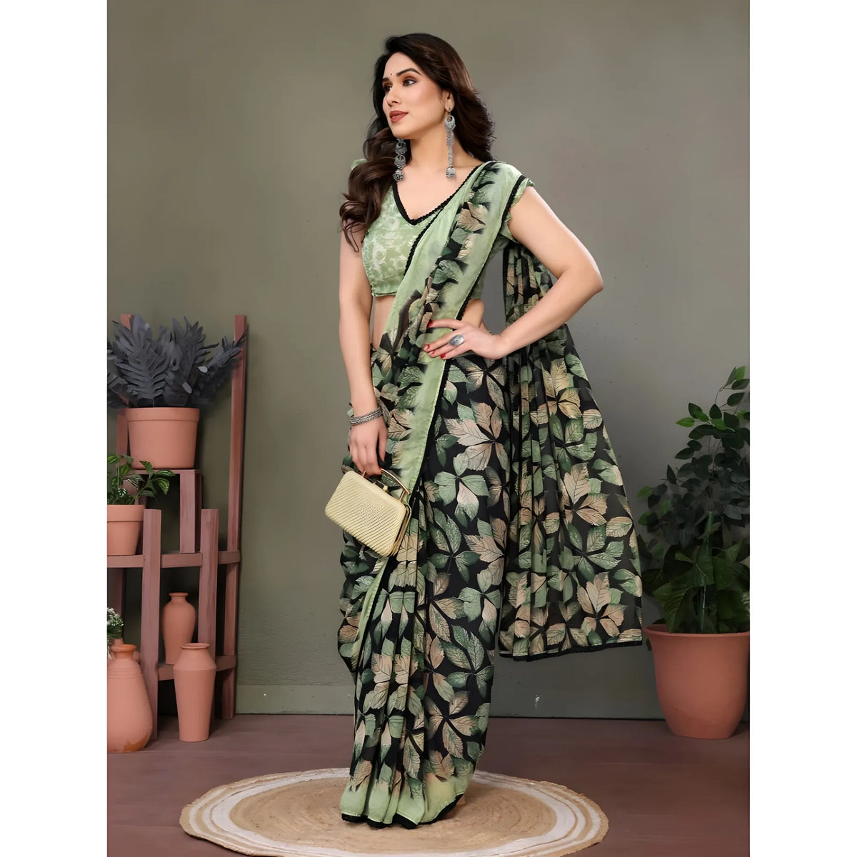 Women's Chiffon Printed Saree With Unstitched Blouse 5.5Mtr (Green)