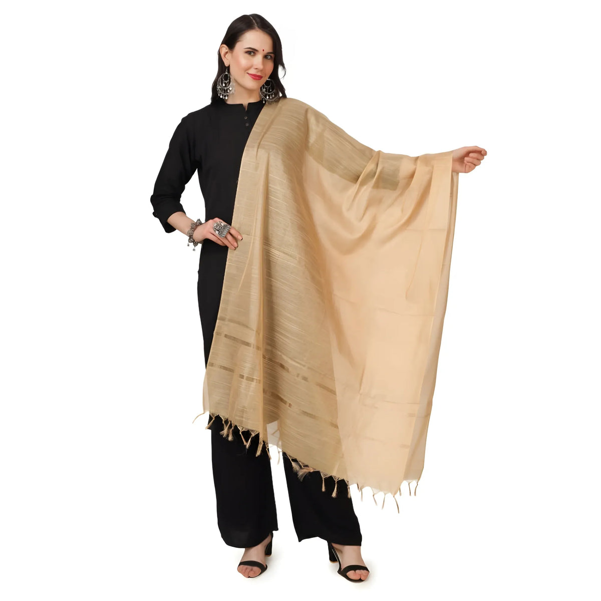 Women's Chanderi Solid Dupatta (Gold, Length: 2.25 to 2.50 Mtr)