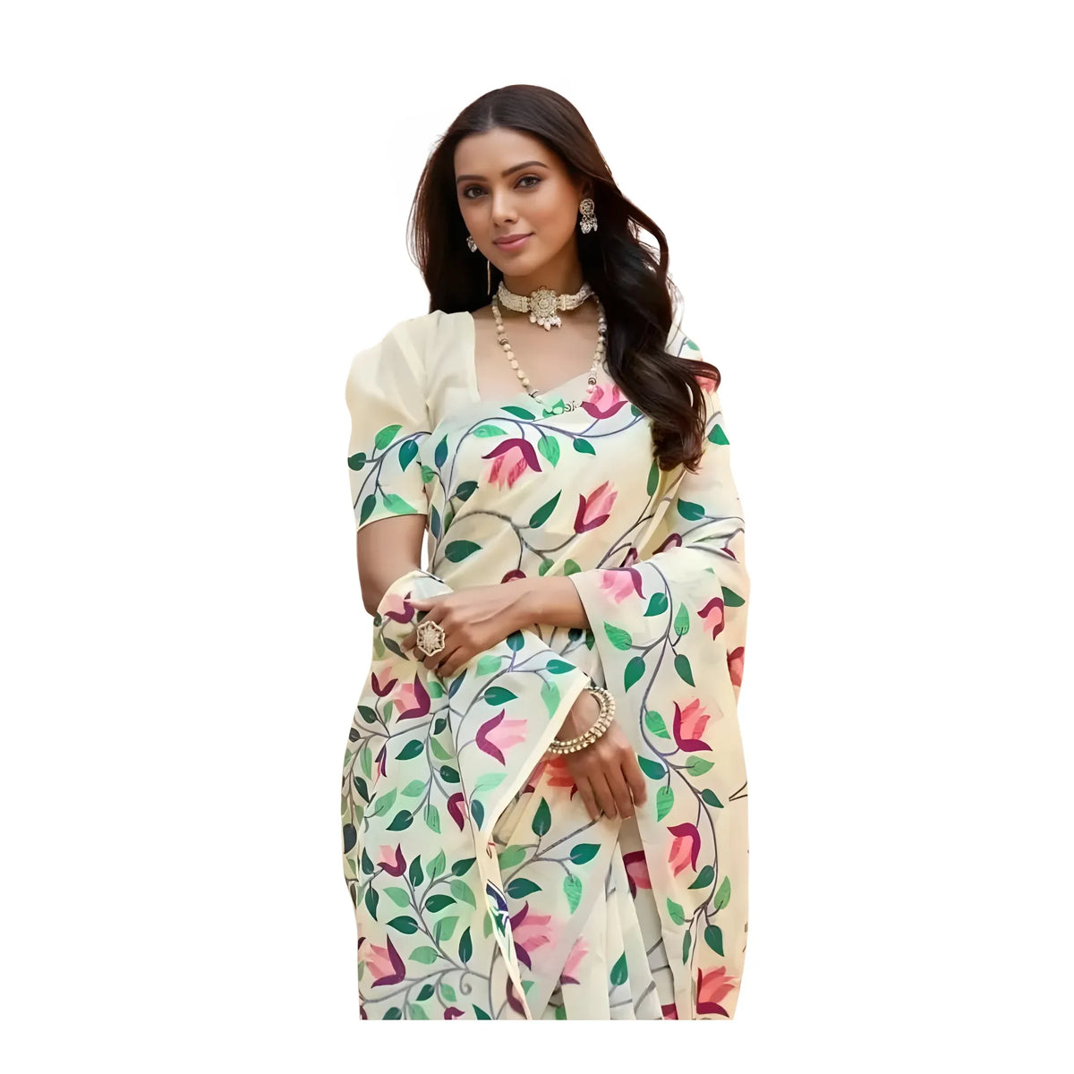Women's Georgette Printed Saree With Unstitched Blouse 5.5Mtr (Cream)
