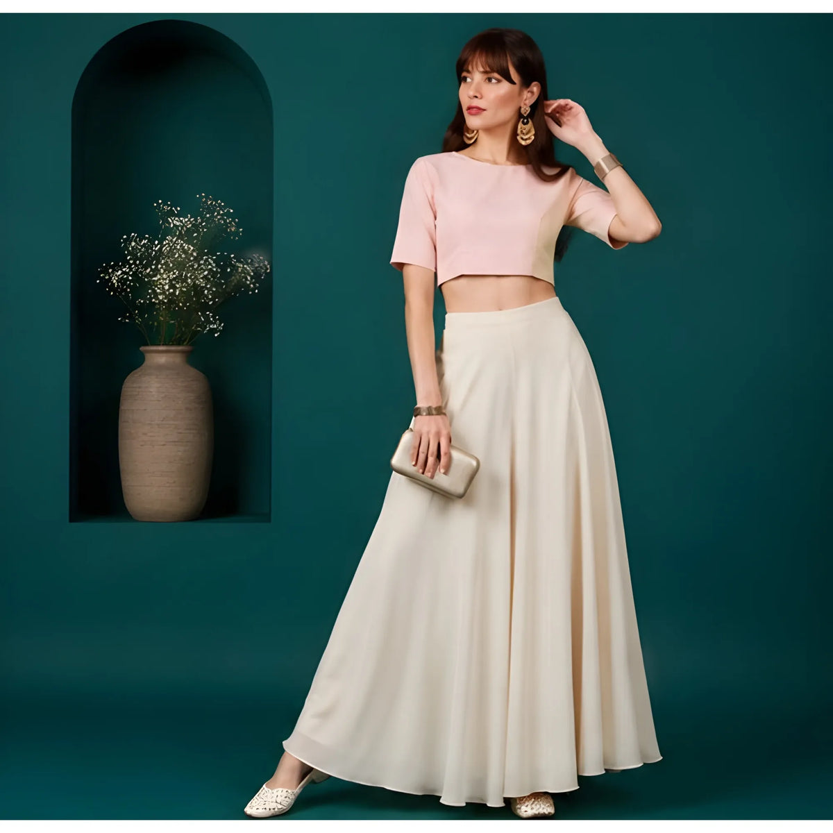 Women's Georgette Solid Mid-Rise Wide Leg Flared Palazzo with Elastic Waist (Cream)