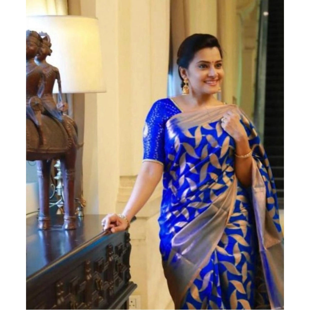 Women's Litchi Silk Printed Saree With Unstitched Blouse (blue) | Women Signature Collection