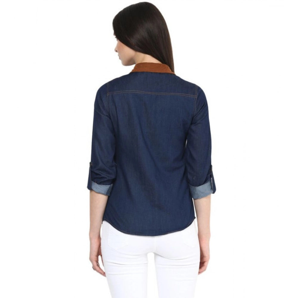 Women's Denim Cotton Based Solid Long Sleeves Shirt (blue) | Women Signature Collection
