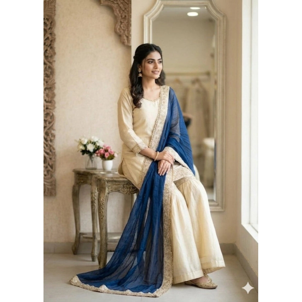 Women's Silk Embroidered 3/4th Sleeve V Neck Kurti With Sharara Pant And Dupatta Set (cream & Blue) | Women Signature Collection