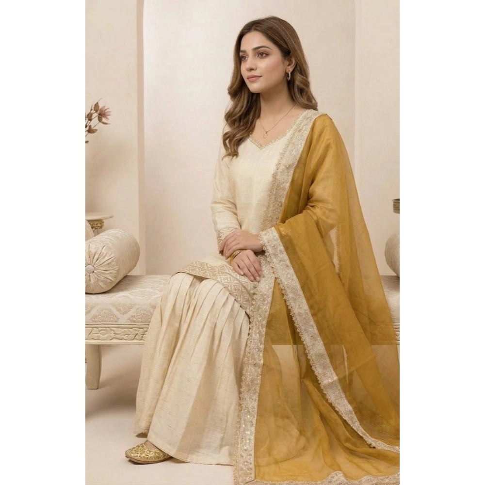 Women's Silk Embroidered 3/4th Sleeve V Neck Kurti With Sharara Pant And Dupatta Set (cream & Yellow) | Women Signature Collection