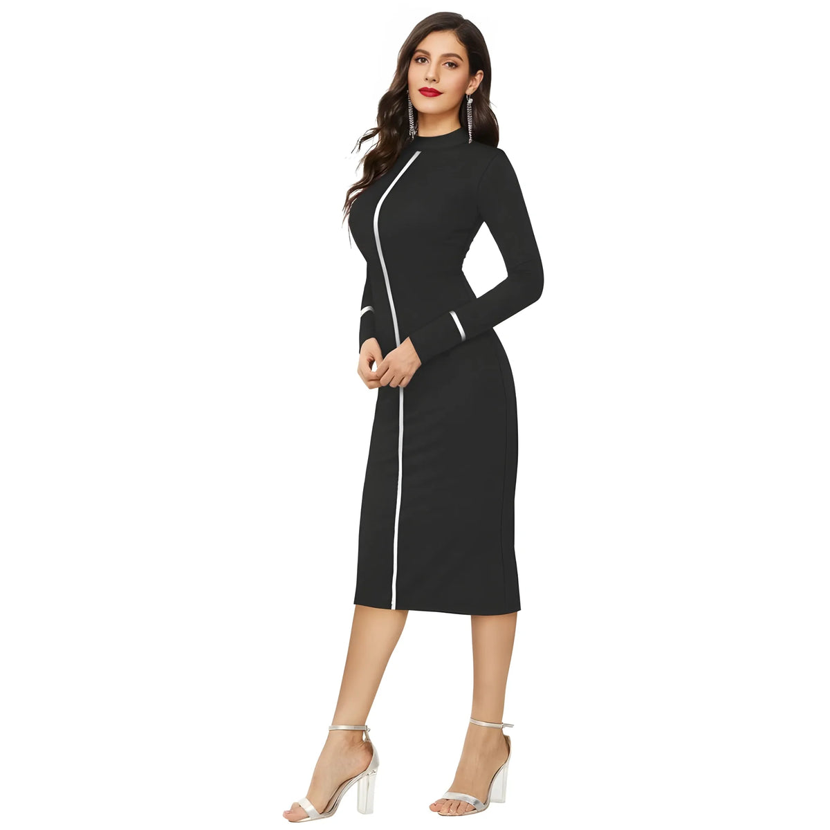 Women's Knitting stretchable Solid Round Neck Full Sleeve Dress (Black)