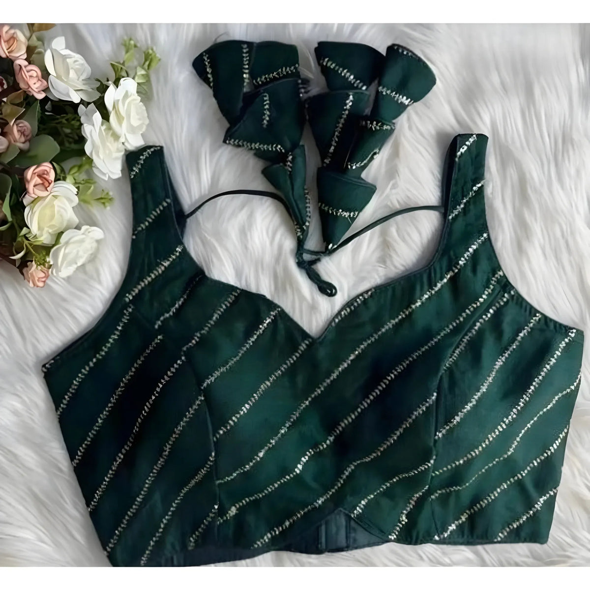 Women's Silk Embellished Sweetheart Neck Sleeveless Readymade Padded Blouse (Green, Size 38)