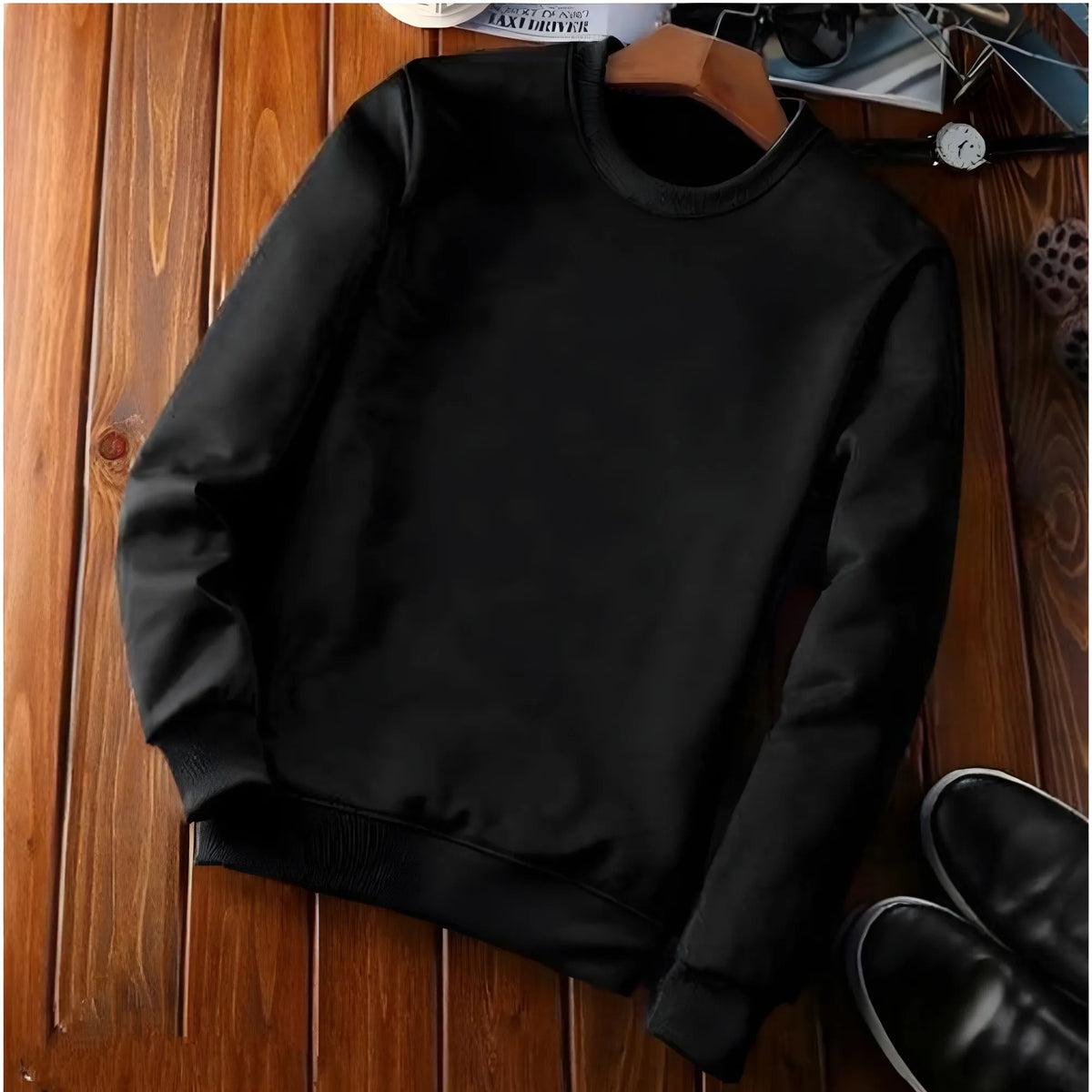 Men's Casual Fleece Solid Round Neck Long Sleeves Sweatshirt (Black)