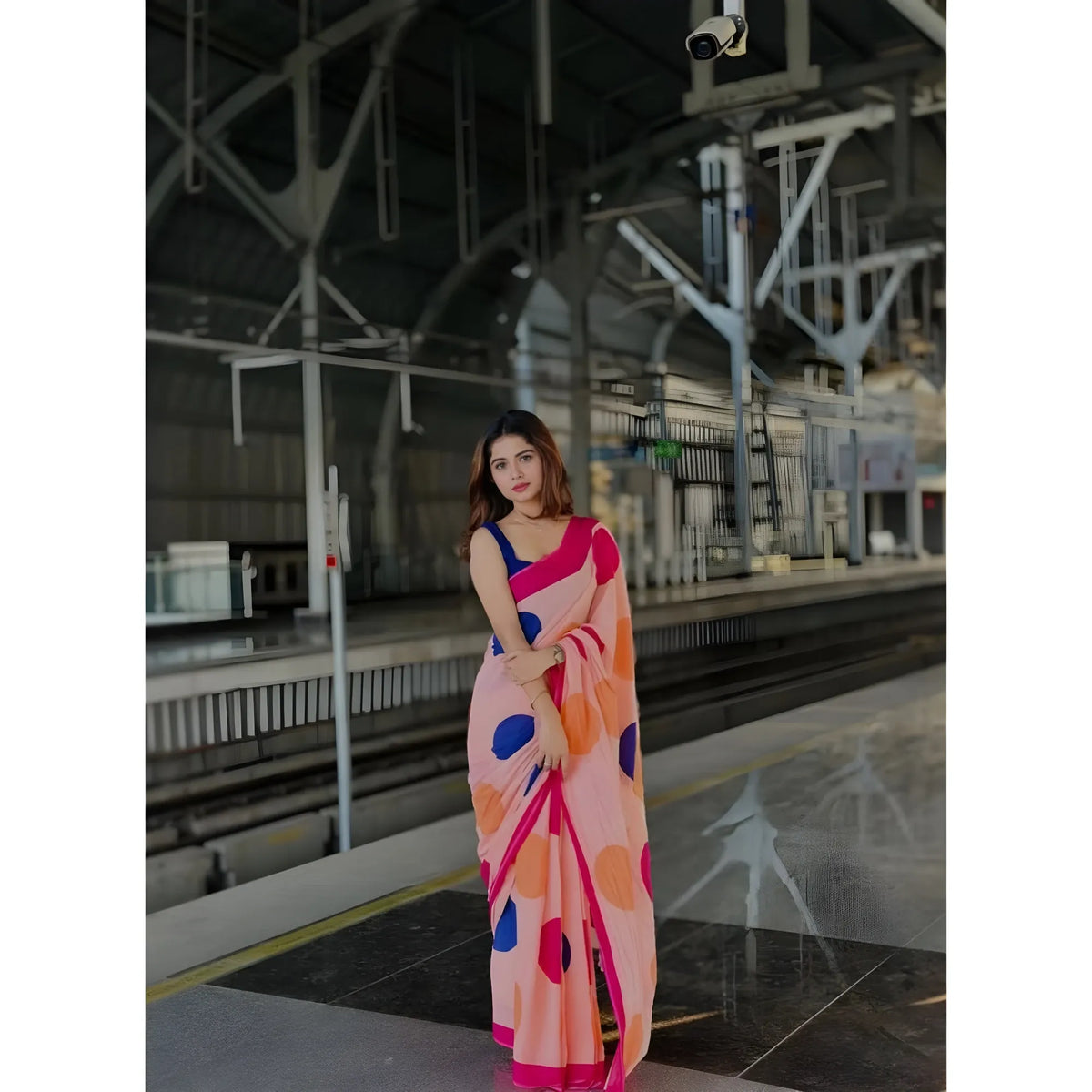 Women's Linen Printed Saree With Unstitched Blouse 5.5Mtr (Orange)