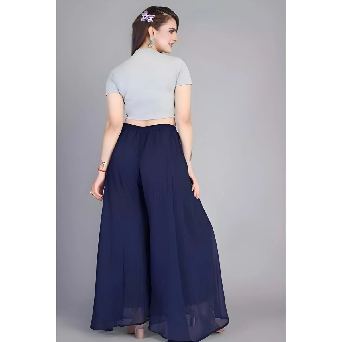 Women's Pack of 2 Georgette Solid High Rise Wide Leg Flared Palazzos with Elastic Waist (Navy Blue)