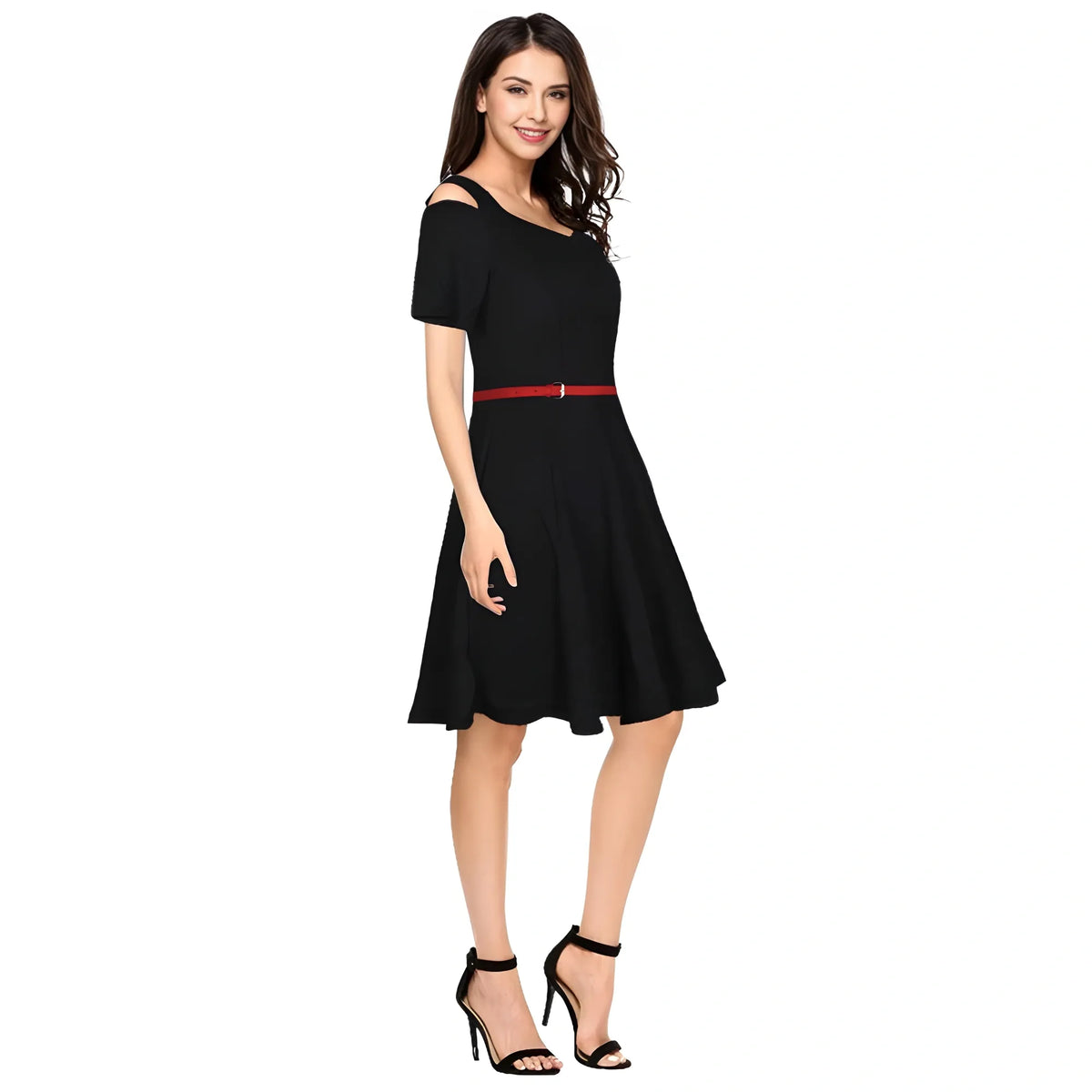 Women's Polyester Solid V Neck Cap Sleeve Dress (Black)