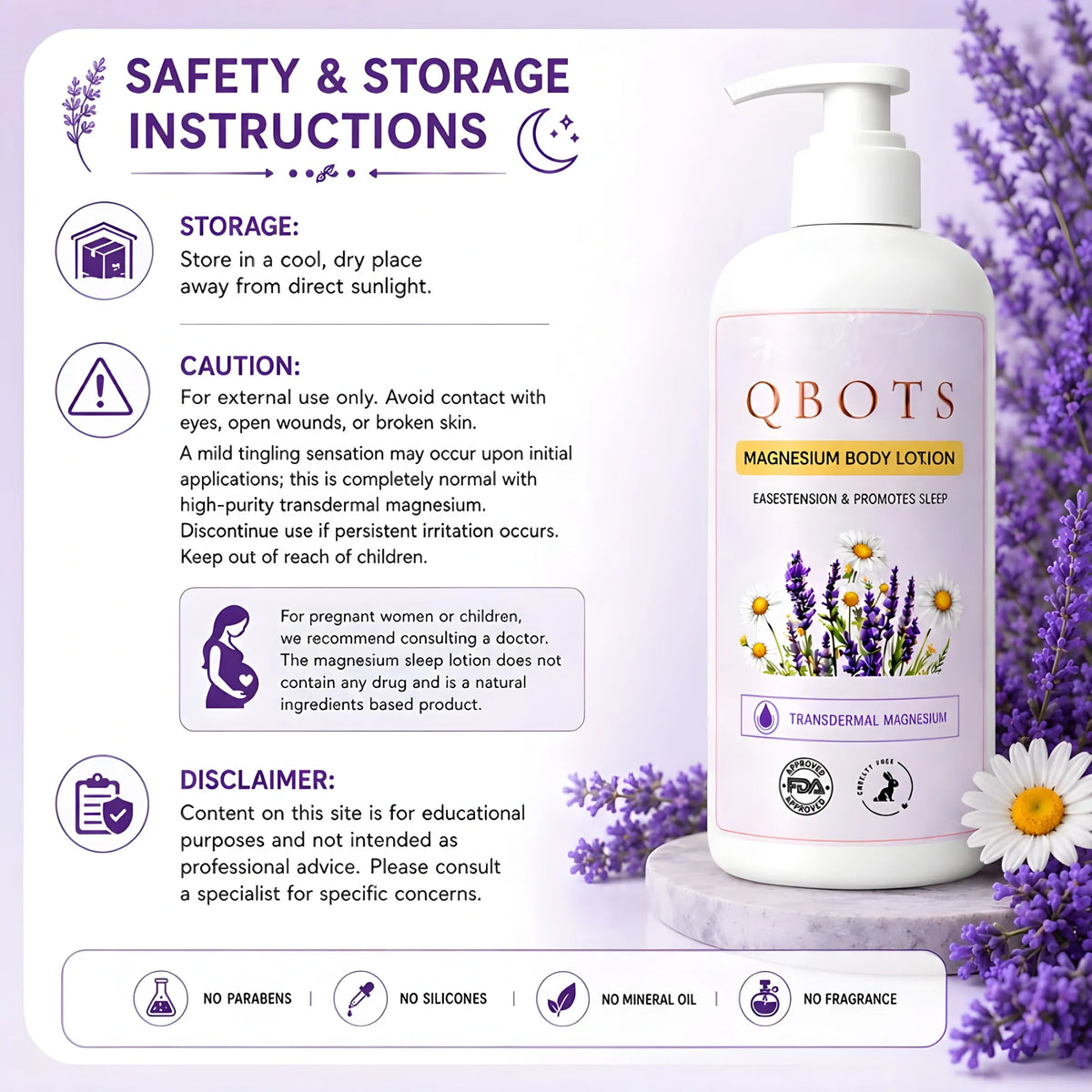 QBOTS Magnesium Body Lotion for Nightly Sleep Muscle Recovery with Lavender & Chamomile | Transdermal Magnesium | Shea Butter & Niacinamide | For Nightly Relaxation & Skin Hydration | 250 ml