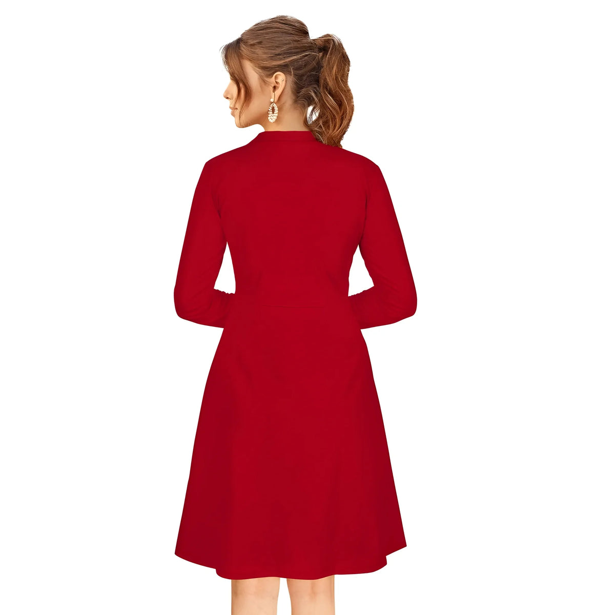 Women's Knitting stretchable Solid Round Neck Full Sleeve Dress (Red)