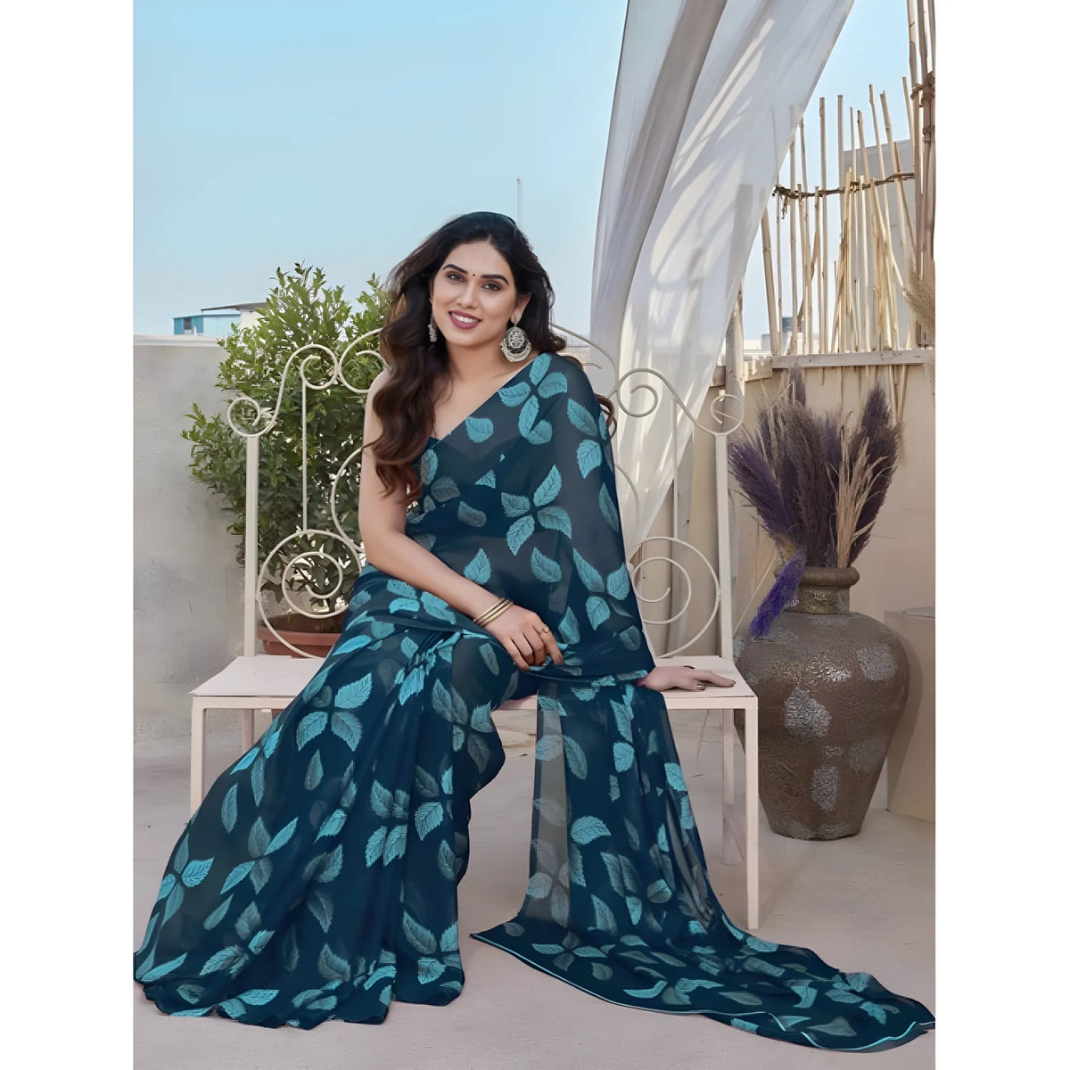 Women's Chiffon Printed Saree With Unstitched Blouse 5.5Mtr  (Blue)
