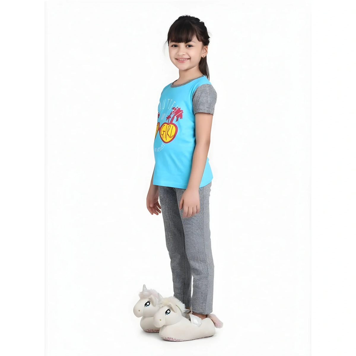Girl's Cotton Hosiery Printed Night Suit Set (blue Grey) | Kids Signature Collection