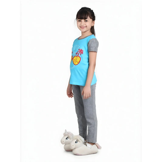 Girl's Cotton Hosiery Printed Night Suit Set (blue Grey) | Kids Signature Collection