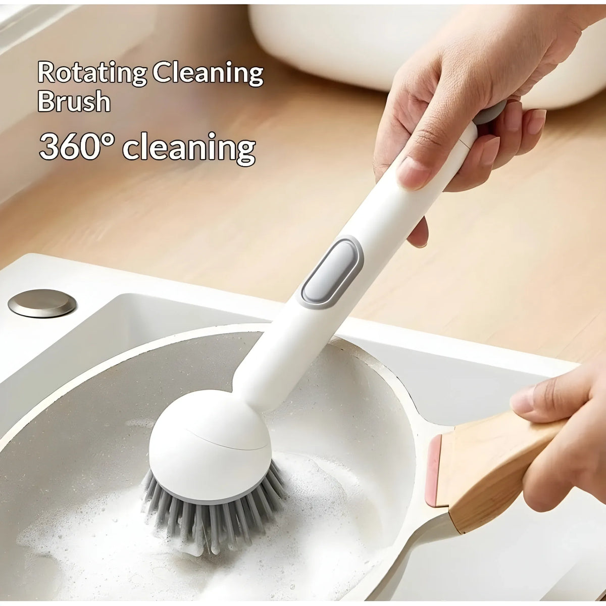 TPR-Plastic Solid Electric Liquid Soap Dispensing Cleaning Brush with Handle (Grey-White)