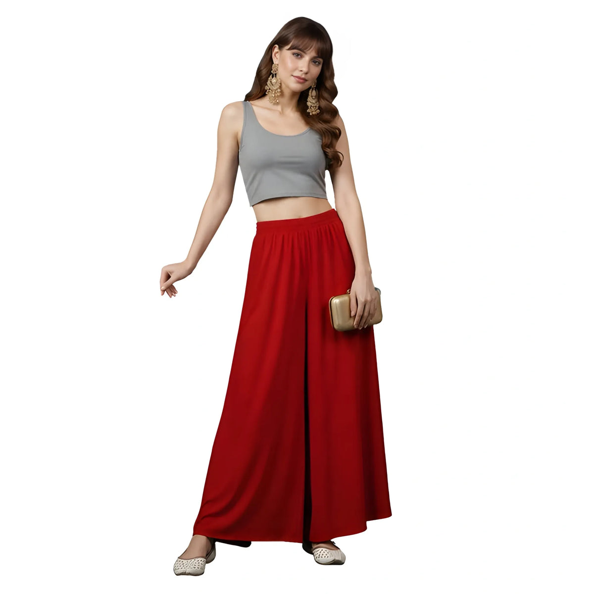 Women's Georgette Solid Mid-Rise Wide Leg Flared Palazzo with Elastic Waist (Red)