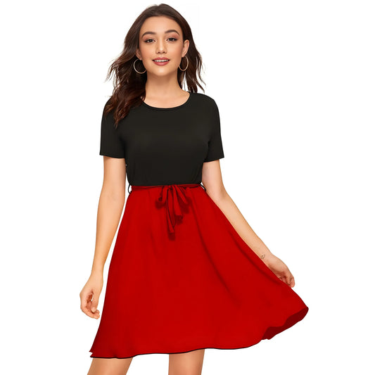 Women's Knitting stretchable Solid Round Neck Cap Sleeve Dress (Red)