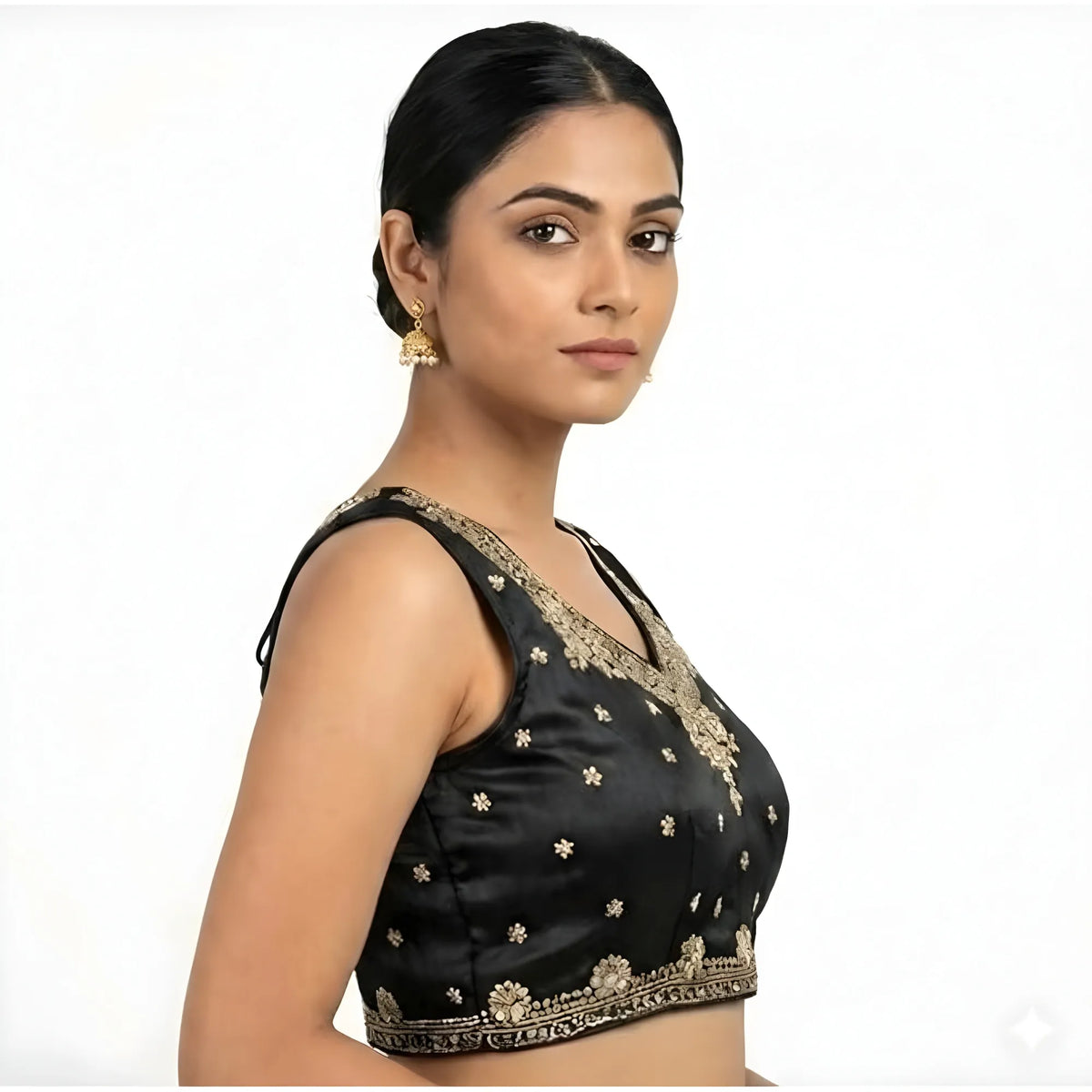 Women's Silk Embroidered V-Neck Sleeveless Readymade Padded Blouse (Black, Size 38)