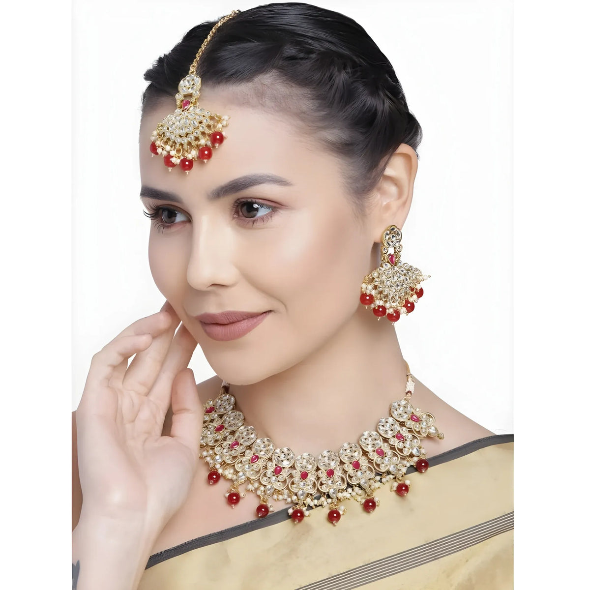 Women's Rose Gold Plated Alloy Necklace &amp; Earings Set (Red)