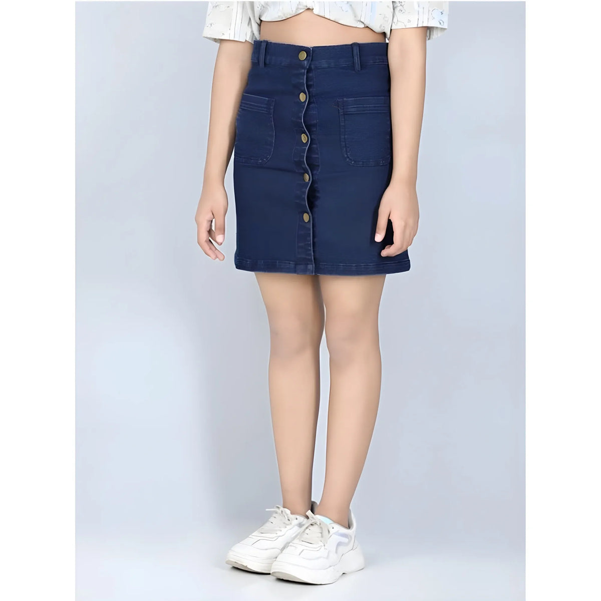 Girl's Denim Solid Buttoned Skirt (navy Blue) | Kids Signature Collection