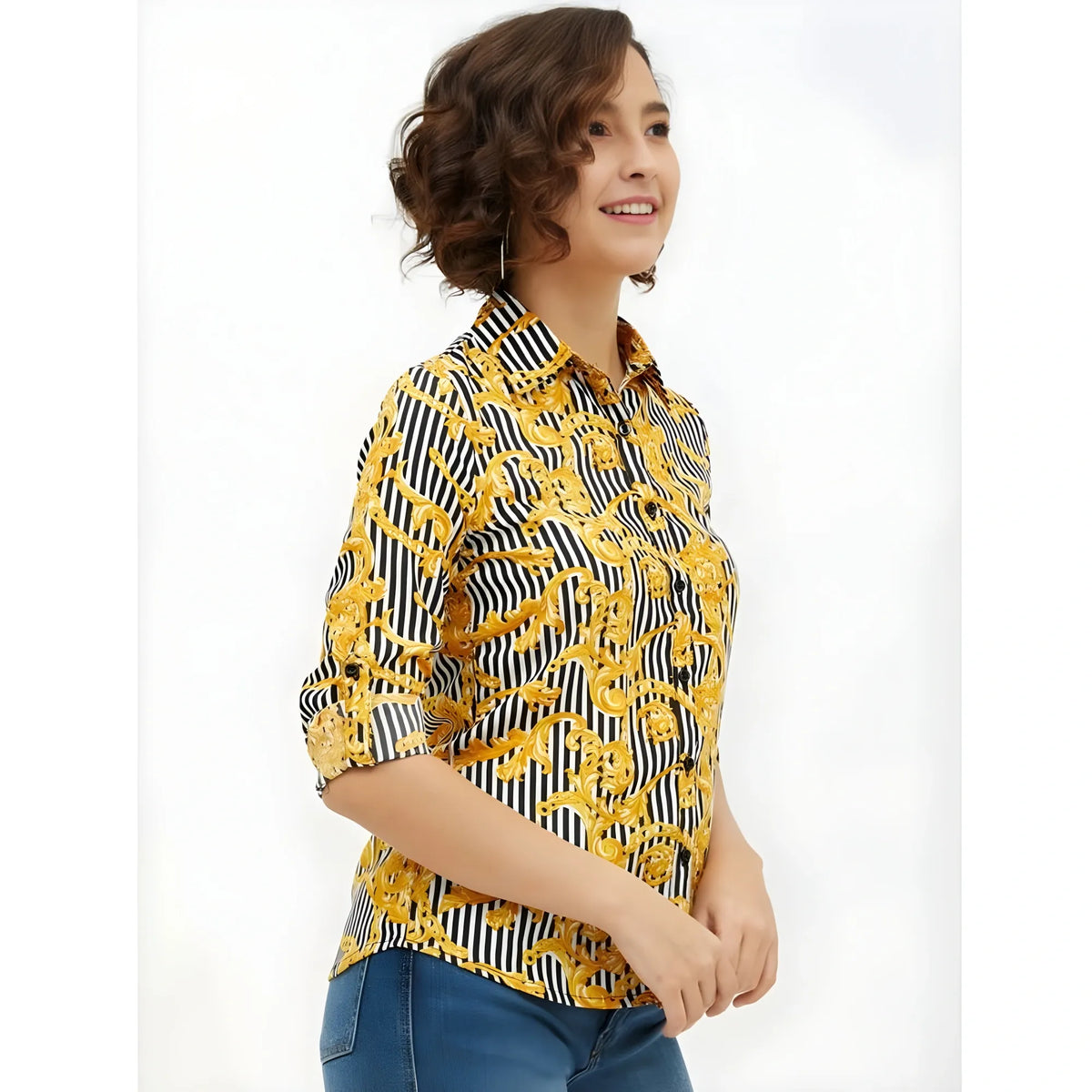 Women's Polyester Printed Roll Up Sleeve Standard Length Shirt (Mustared)