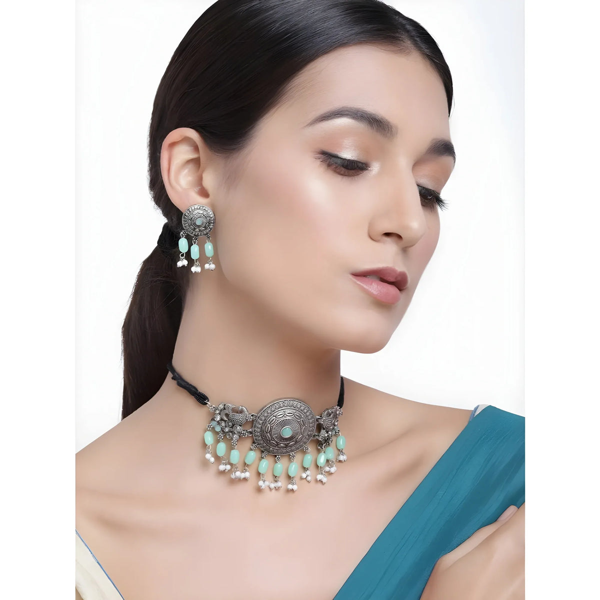Women's Rose Gold Plated Alloy Necklace &amp; Earings Set (Light Green)