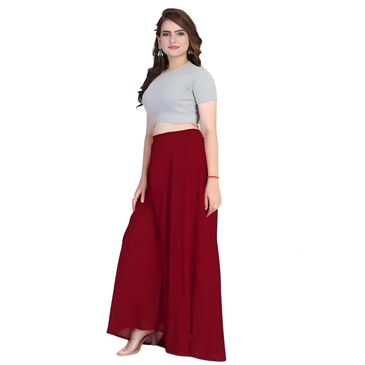 Women's Pack of 1 Georgette Solid High Rise Wide Leg Flared Palazzo with Elastic Waist (Maroon)
