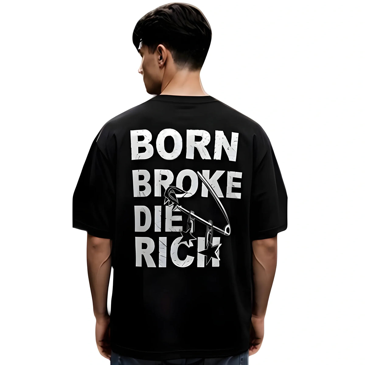 Men's Cotton Blend Printed Oversized Round Neck Half Sleeve T-Shirt (Black)