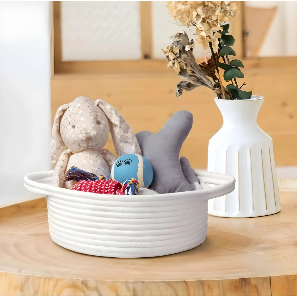 Cotton 8x3 Inch Round Bedside Organizer With Out Lid (White)