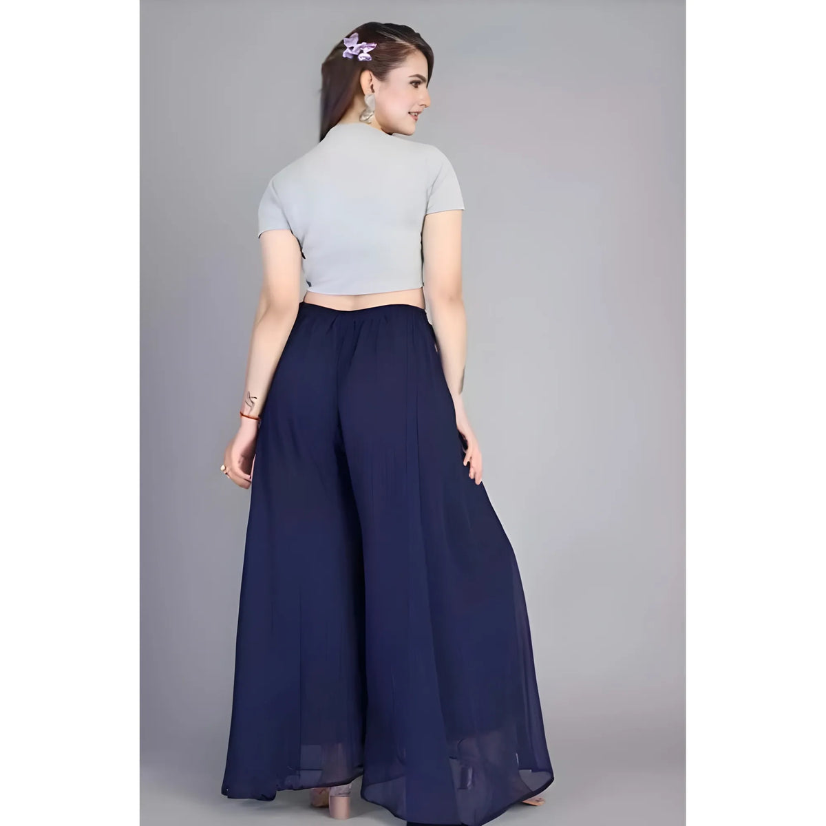 Women's Pack of 1 Georgette Solid High Rise Wide Leg Flared Palazzo with Elastic Waist (Navy Blue)