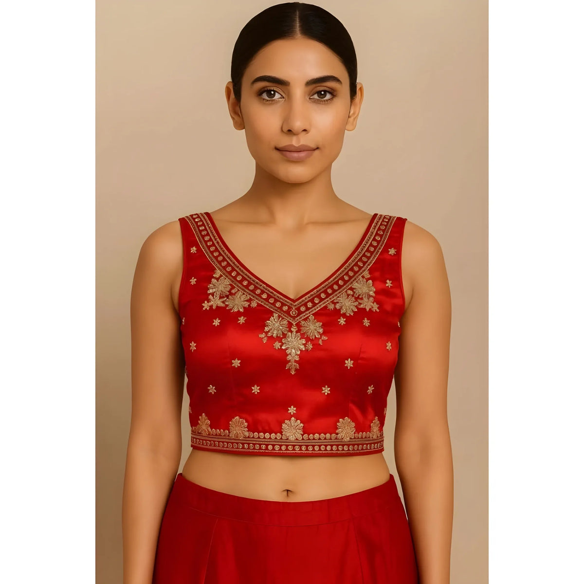Women's Silk Embroidered V-Neck Sleeveless Readymade Padded Blouse (Red, Size 38)
