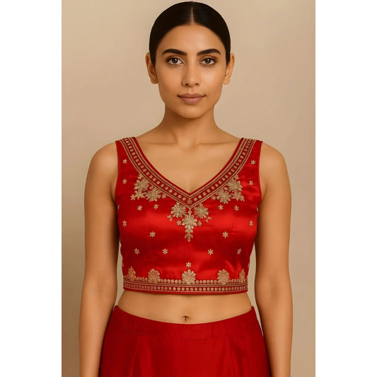Women's Silk Embroidered V-Neck Sleeveless Readymade Padded Blouse (Red, Size 38)